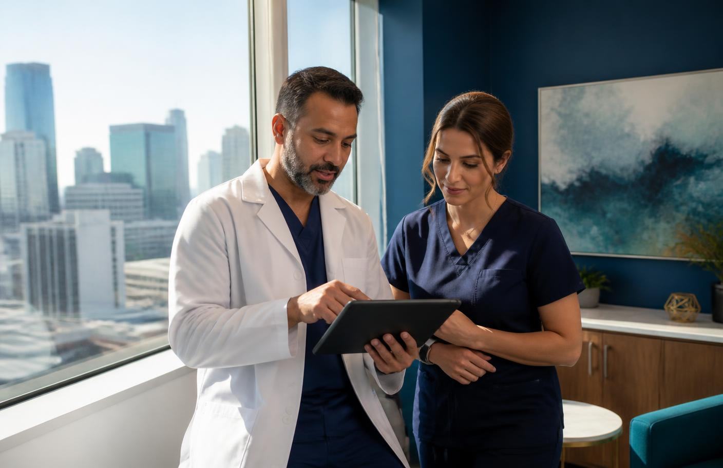 Kure Health physician and nurse practitioner reviewing patient signal data in the Downtown Los Angeles clinic